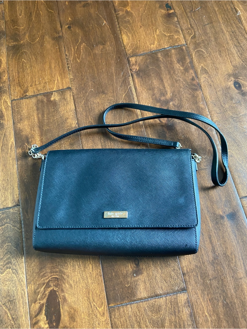 Kate Spade Black Saffiano Crossbody with Gold Plaque